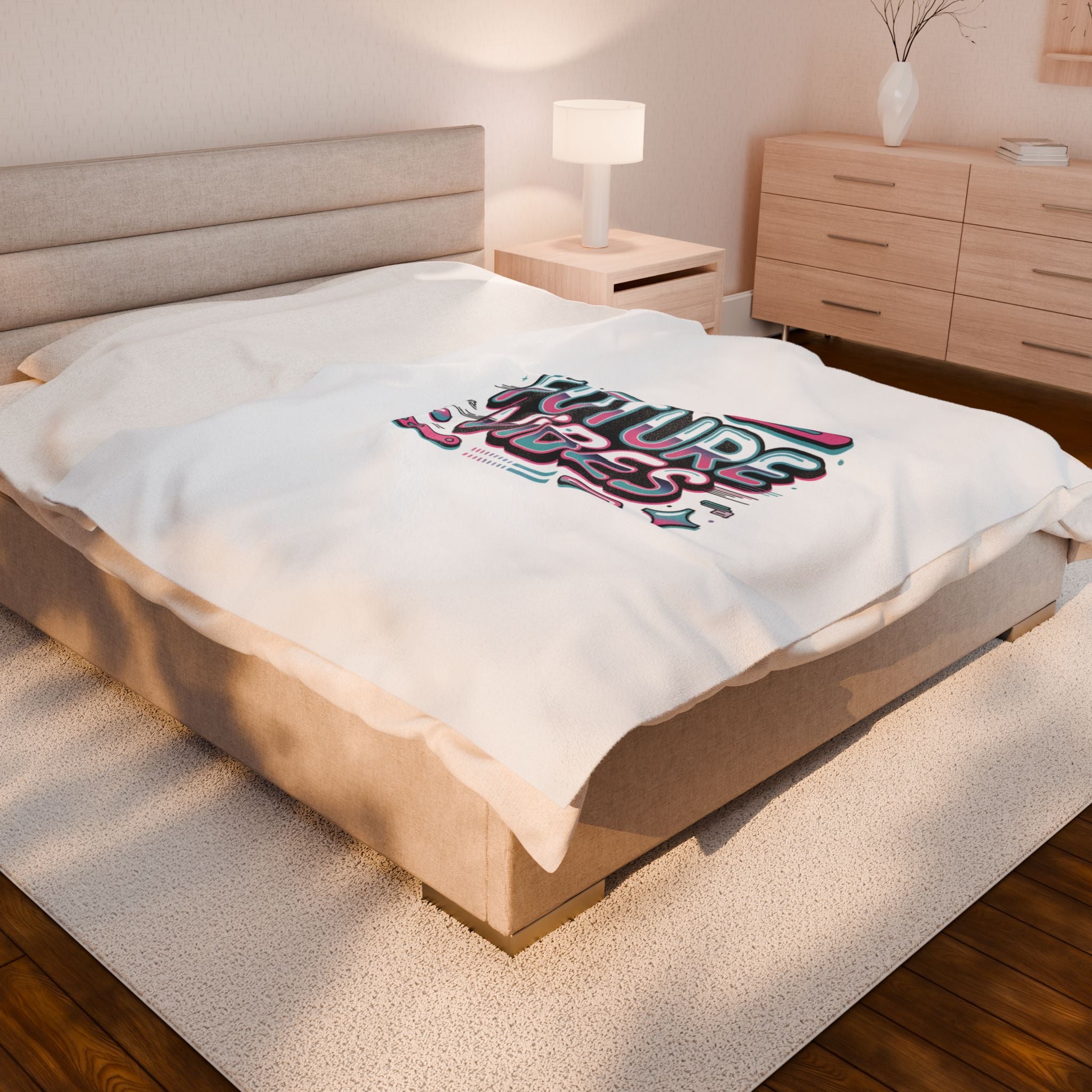 Future Vibes Velveteen Blanket | Y2K cyber holo retro tech chrome text
