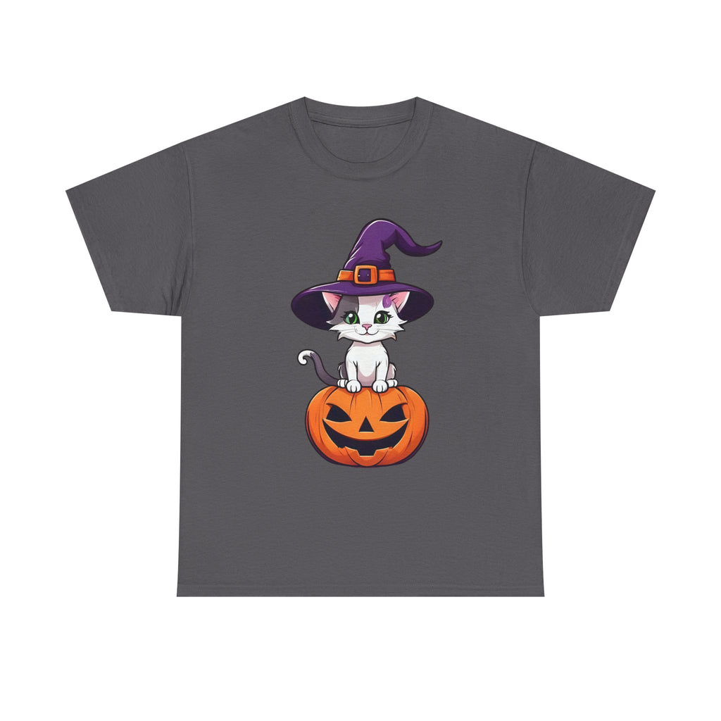 Halloween Kitten Tee, Witch Hat Cat Shirt, Pumpkin Cartoon Tshirt, Fall Season Unisex Top, Spooky Graphic Tee, Cute Animal Costume Apparel