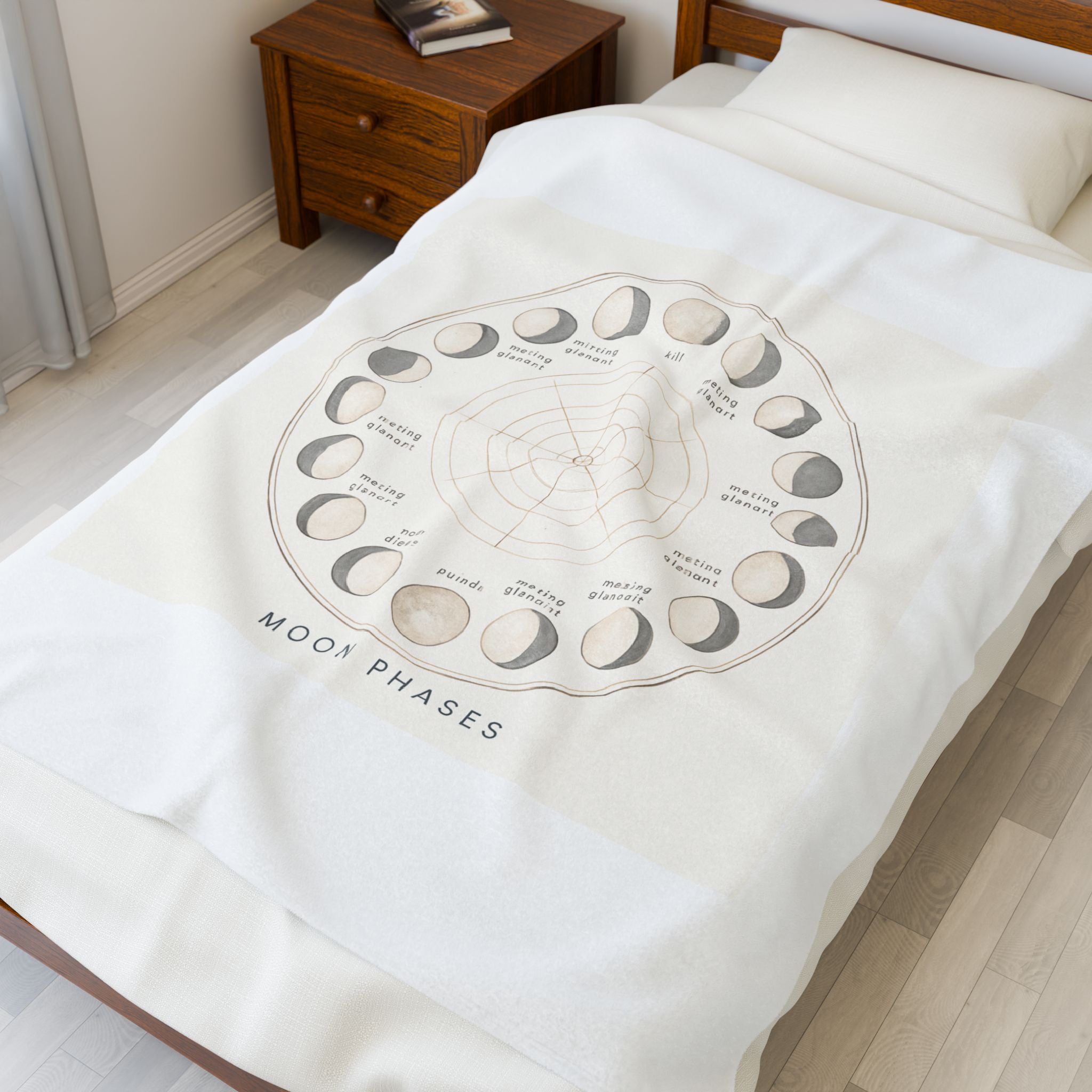 Moon Phases Velveteen Plush Blanket — Lunar Cycle Chart Throw for Astrology Lovers